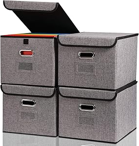 File Organizer Box 4-pack Collapsible Decorative Linen Filing Storage Hanging File Folders with Lids Office Cabinet Letter Size Grey