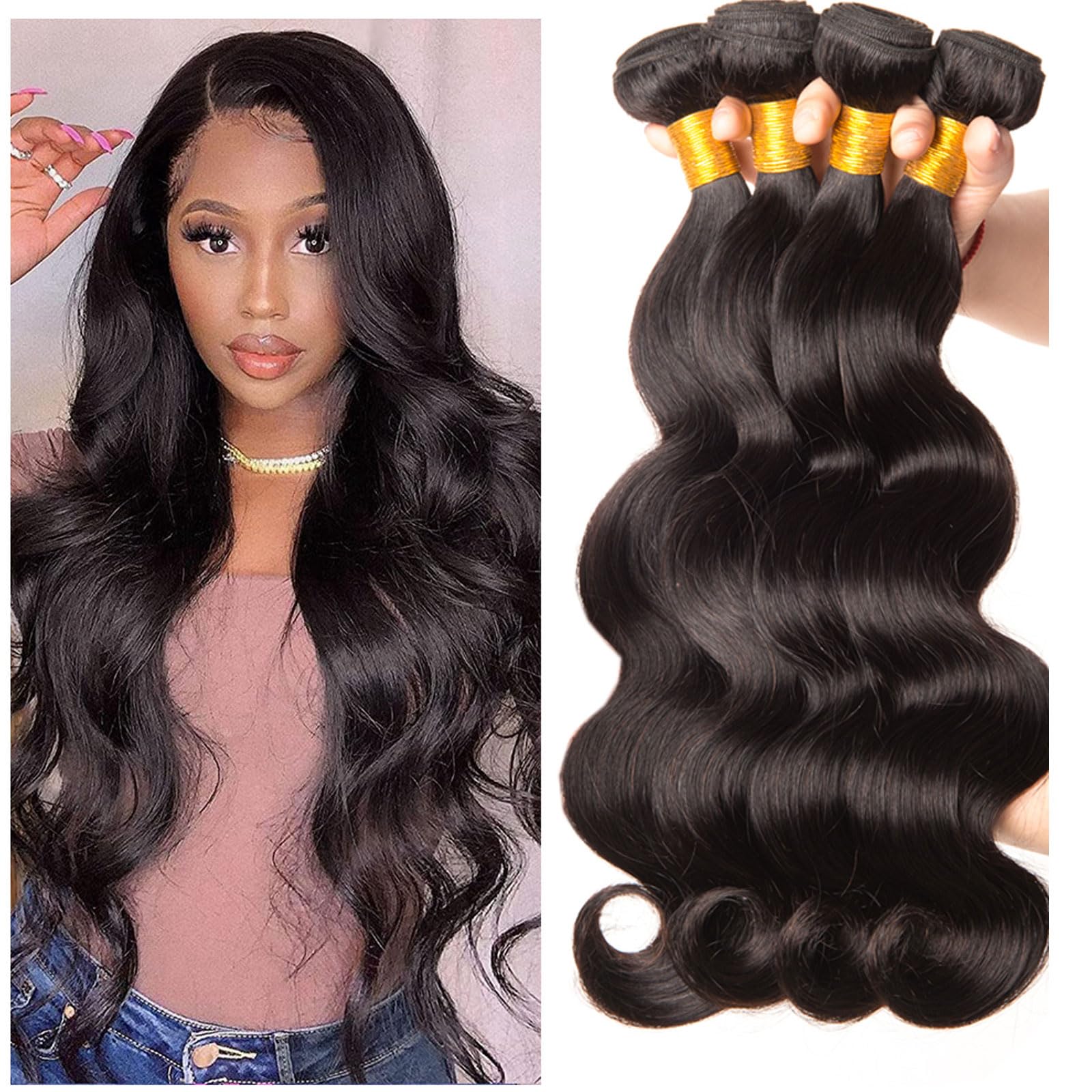 Huarisi Body Wave Human Hair 4 Bundles Brazilian Hair 18 20 22 24 inch 100% Unprocessed Virgin Hair Body Wave Bundles Weaves 400g Natural Color Real Hair Sew in Weaving Can be Dyed — image 1