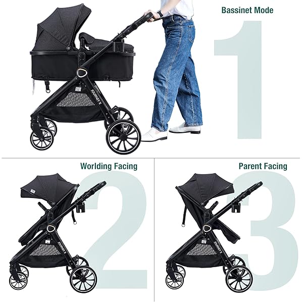 ACCOMBE BABY STROLLER, 2 IN 1 NEWBORN STROLLER CONVERTIBLE BASSINET FOR INFANT TODDLER PRAM WITH FOOTMUFF (BLACK)