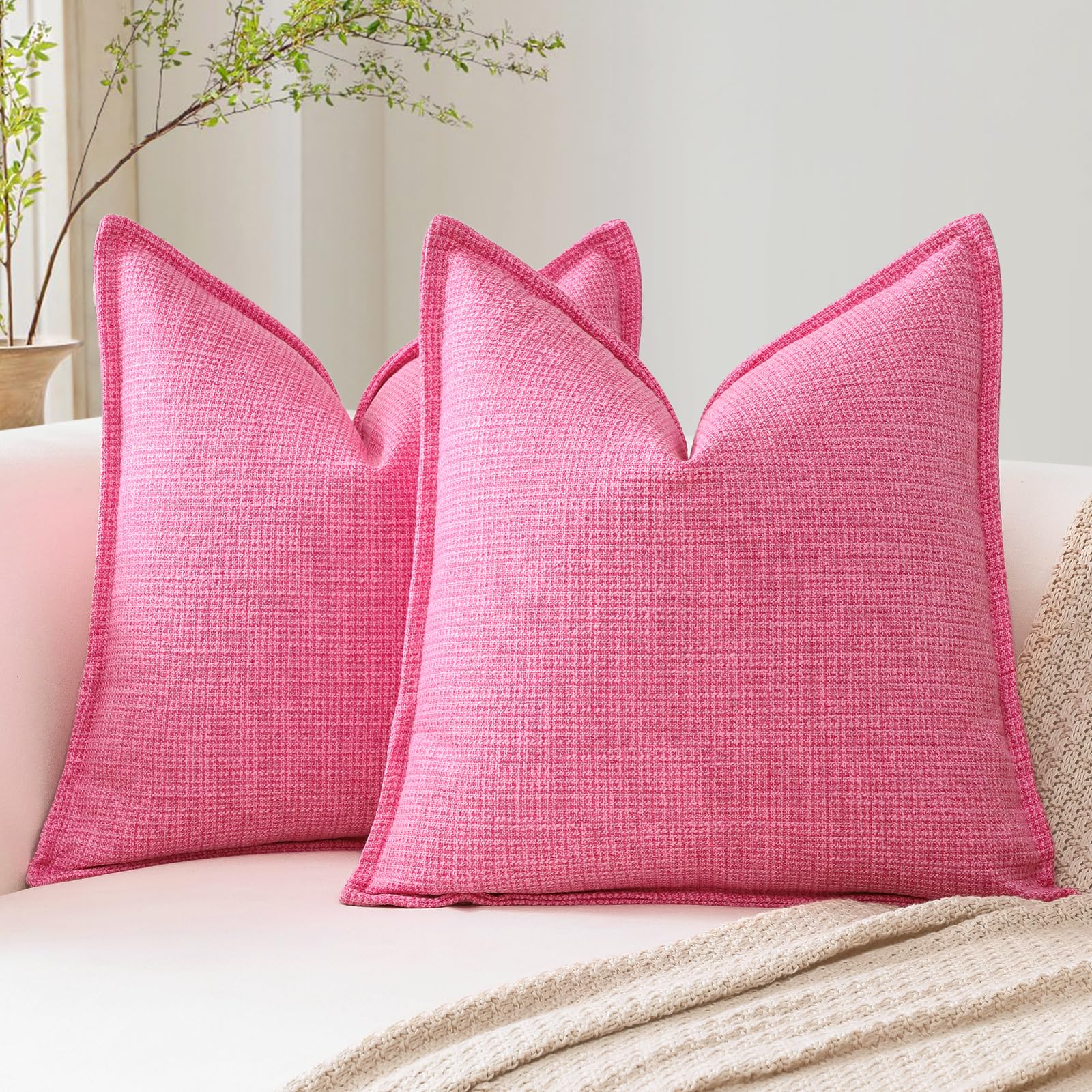 Photo 1 of OTOSTAR Pack of 2 Rose Pink Decorative Pillow Covers 18x18 Inch Soft Linen Texture Couch Throw Pillows Farmhouse Cushion Covers with Elegant Design for Sofa Bedroom Living Room Home Decor 45 x 45 CM