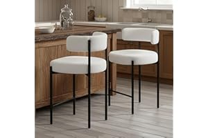 Counter Height Bar Stools, 24'' White Bar Stools Set of 2, Boucle Barstools with Back, Mid-Century Modern Counter Chairs for 
