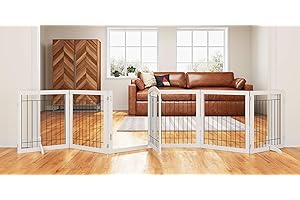 PAWLAND 144-inch Extra Wide 30-inches Tall Dog gate with Door Walk Through, Freestanding Wire Pet Gate for The House, Doorway, Stairs, Pet Puppy Safety Fence, Support Feet Included, White,6 Panels