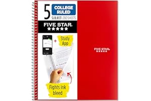 Five Star Spiral Notebook + Study App, 5 Subject, College Ruled Paper, 8-1/2" x 11", 200 Sheets, Fights Ink Bleed, Water Resistant Cover, Fire Red (72077)