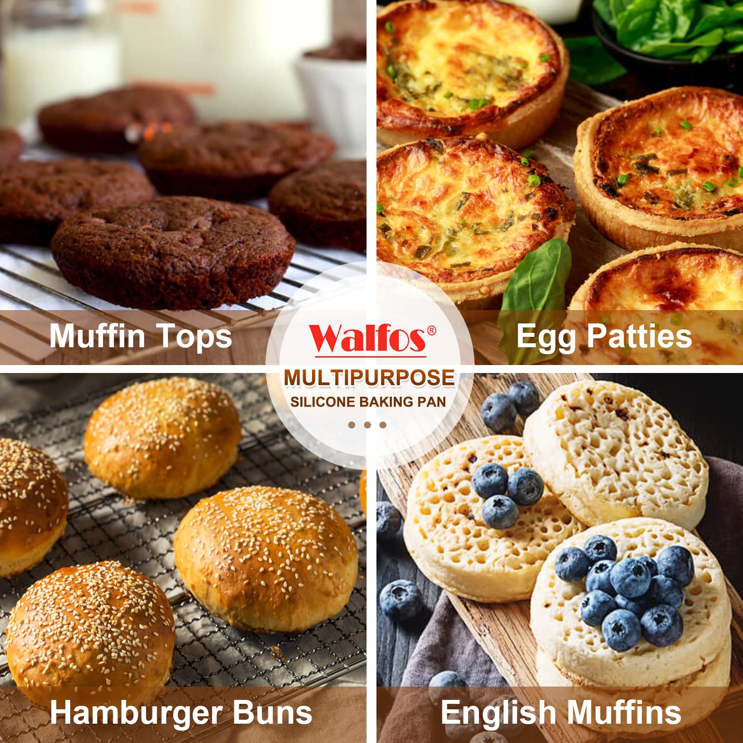 Walfos Silicone Muffin Top Pans for Baking 4inch Jumbo Size, Perfect Results Premium Non-Stick Bakeware Egg Baking Pan, Great for Eggs, Hamburger Bun, Muffin Top and More, Food Grade & BPA Free, 2pcs