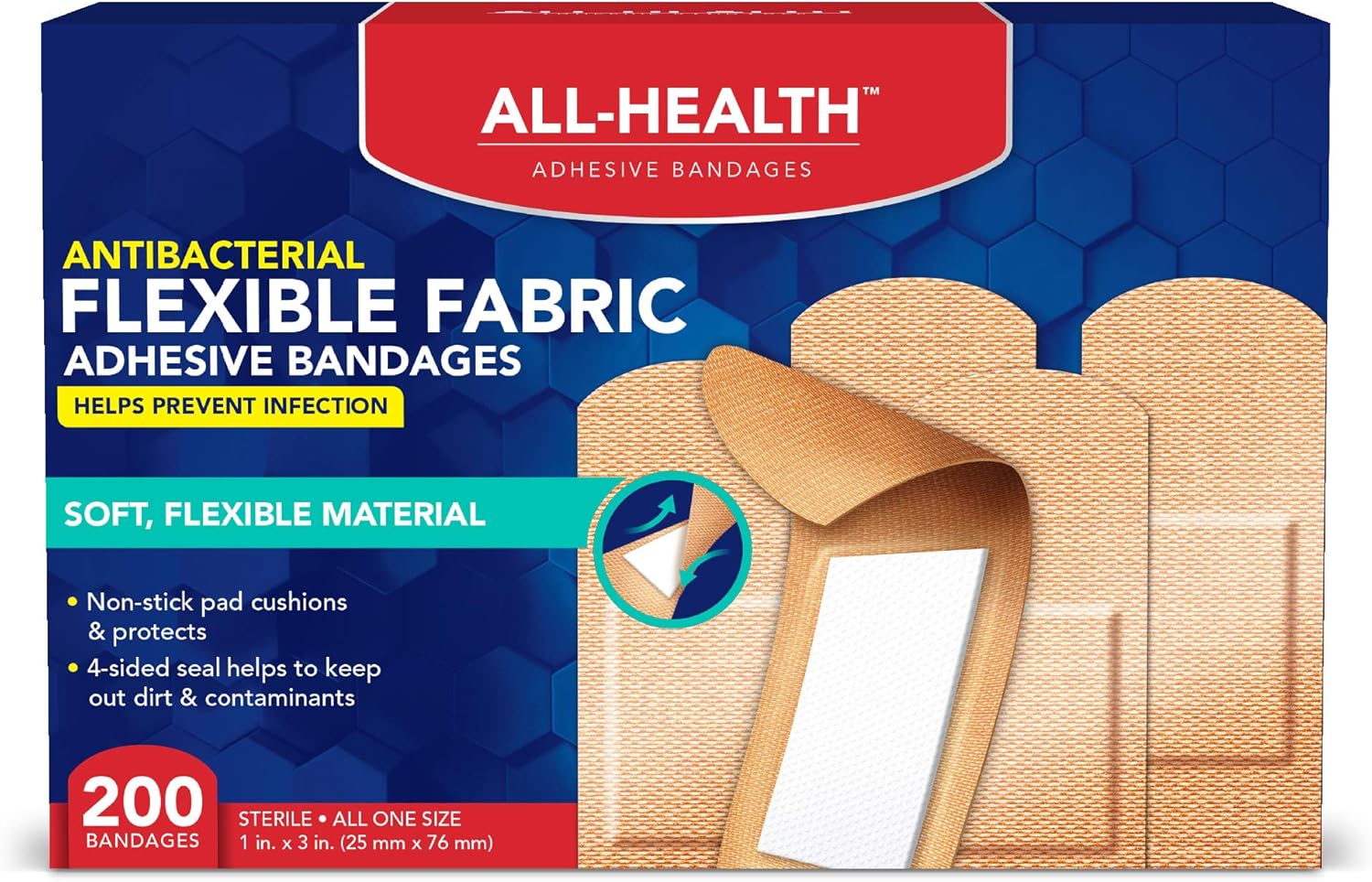 All Health Antibacterial Fabric Adhesive Bandages, 1 in x 3 in, 200 ct | Helps Prevent Infection, Flexible Protection for First Aid and Wound Care: Health & Personal Care