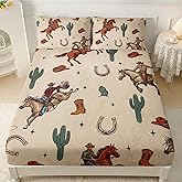 AILONEN Western Cowboy Fitted Sheet Set Twin Size, Rodeo Cowboy Riding Bull with Cacti Bedding Set for Teens,Boys Bedroom Decor,Ranch Jomon Bed Sheet Set,3-Piece, 1 Fitted Sheet and 2 Pillowcases