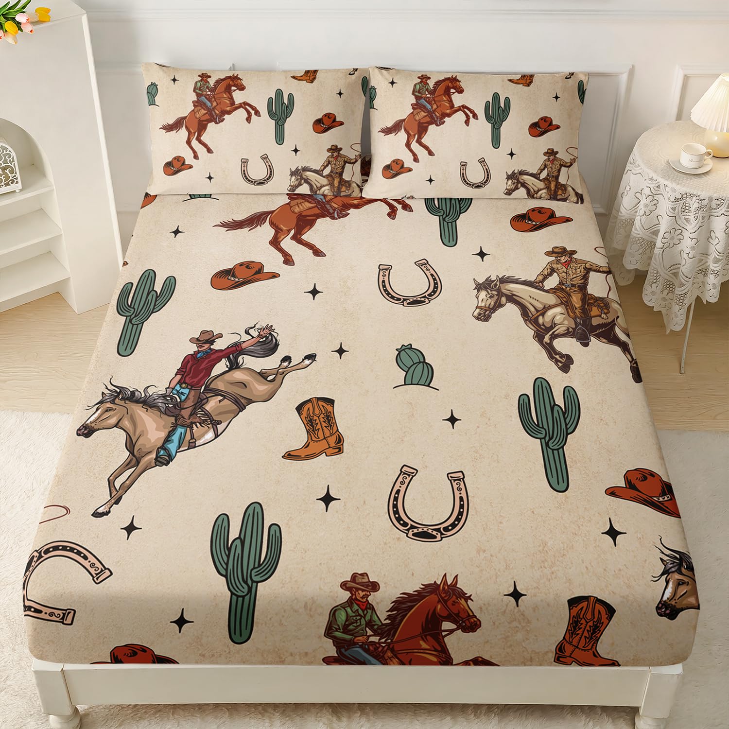 Photo 1 of AILONEN Western Cowboy Fitted Sheet Set Twin Size, Rodeo Cowboy Riding Bull with Cacti Bedding Set for Teens,Boys Bedroom Decor,Ranch Jomon Bed Sheet Set,3-Piece, 1 Fitted Sheet and 2 Pillowcases