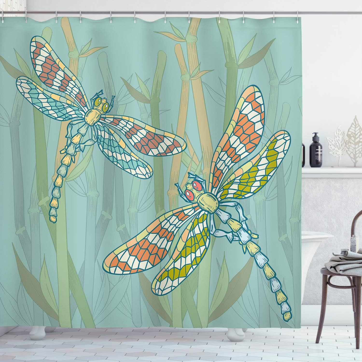 Amazon Com Ambesonne Dragonfly Shower Curtain Doodle Style Giant Dragonfly On Lake Bushes Nature Exotic Picture Art Cloth Fabric Bathroom Decor Set With Hooks 70 Long Almond Green Home Kitchen