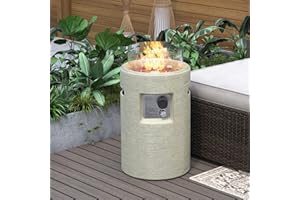 SUNBURY Outdoor Propane Fire Pit, Stone Like Fire Pit Table with Glass Wind Guard, Waterproof Cover, 40000BTUS Small Column Firepit Garden Lighting, CSA Certified (Creamy White)