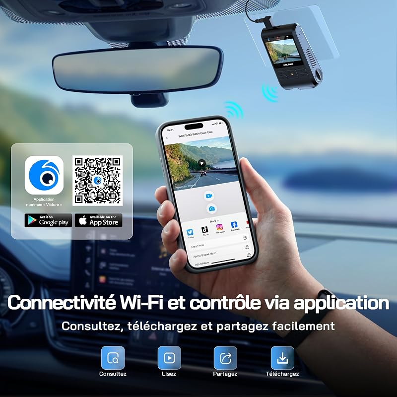 2.5K Dashcam Voiture, Wi-FI Caméra Voiture, IPS 2" Grand Angle 170°, G-Capteur, Mode Stationnement 24H, Vision Nocturne, Enregistrement en Boucle