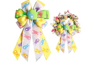 HIENAJ Large Easter Bow for Wreath,White Green Yellow Easter Tree Topper,Easter Bows for Wreaths,Outdoor Easter Wreath,Easter Bunny Tree Topper