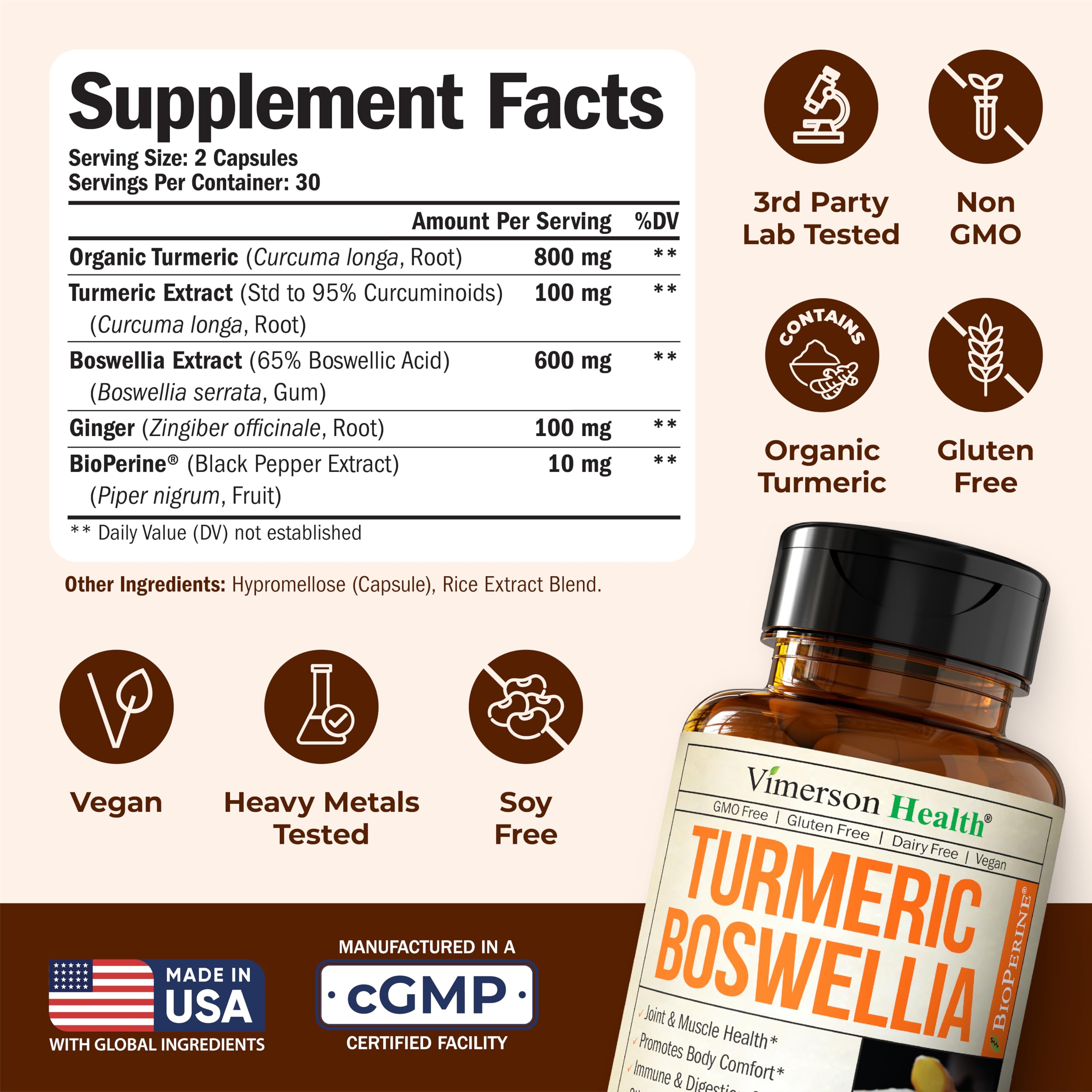 Turmeric Curcumin Supplement with Boswellia Serrata, Ginger Root, Organic Turmeric Powder & Black Pepper - 95% Curcuminoids Turmeric Supplement with Boswellia Extract - 60 Gluten Free Tumeric Capsules