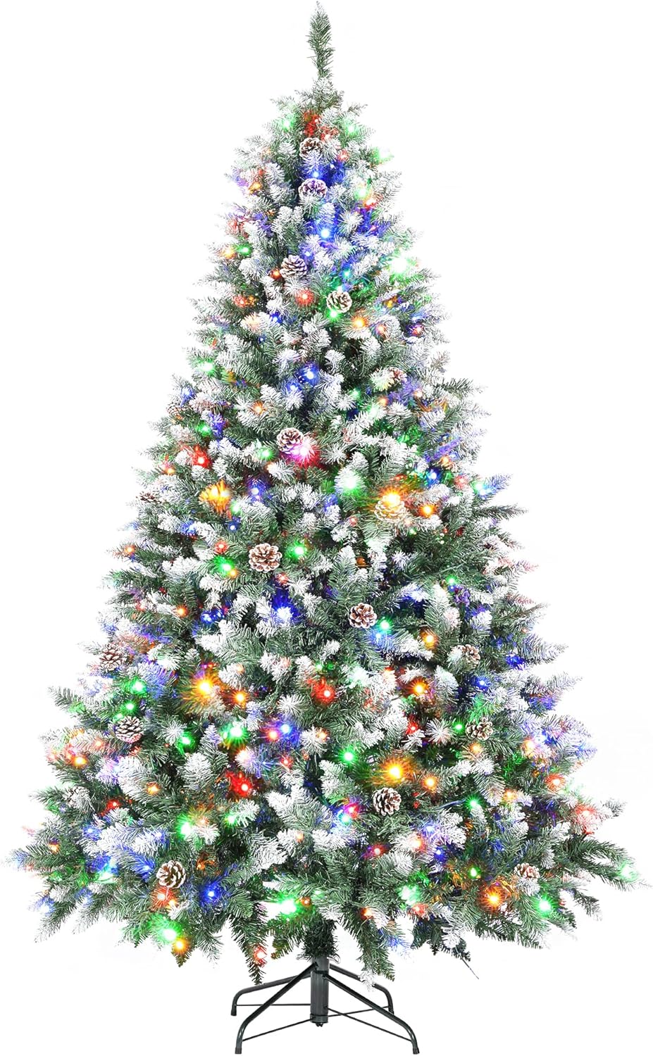Trees - 6ft Pre-Lit Christmas Tree Artificial Christmas Tree Pine Cones and 270 Warm White & Color LED Changing Lights, Partially Flocked Fake Xmas Tree for Home, Office, Party Decoration
