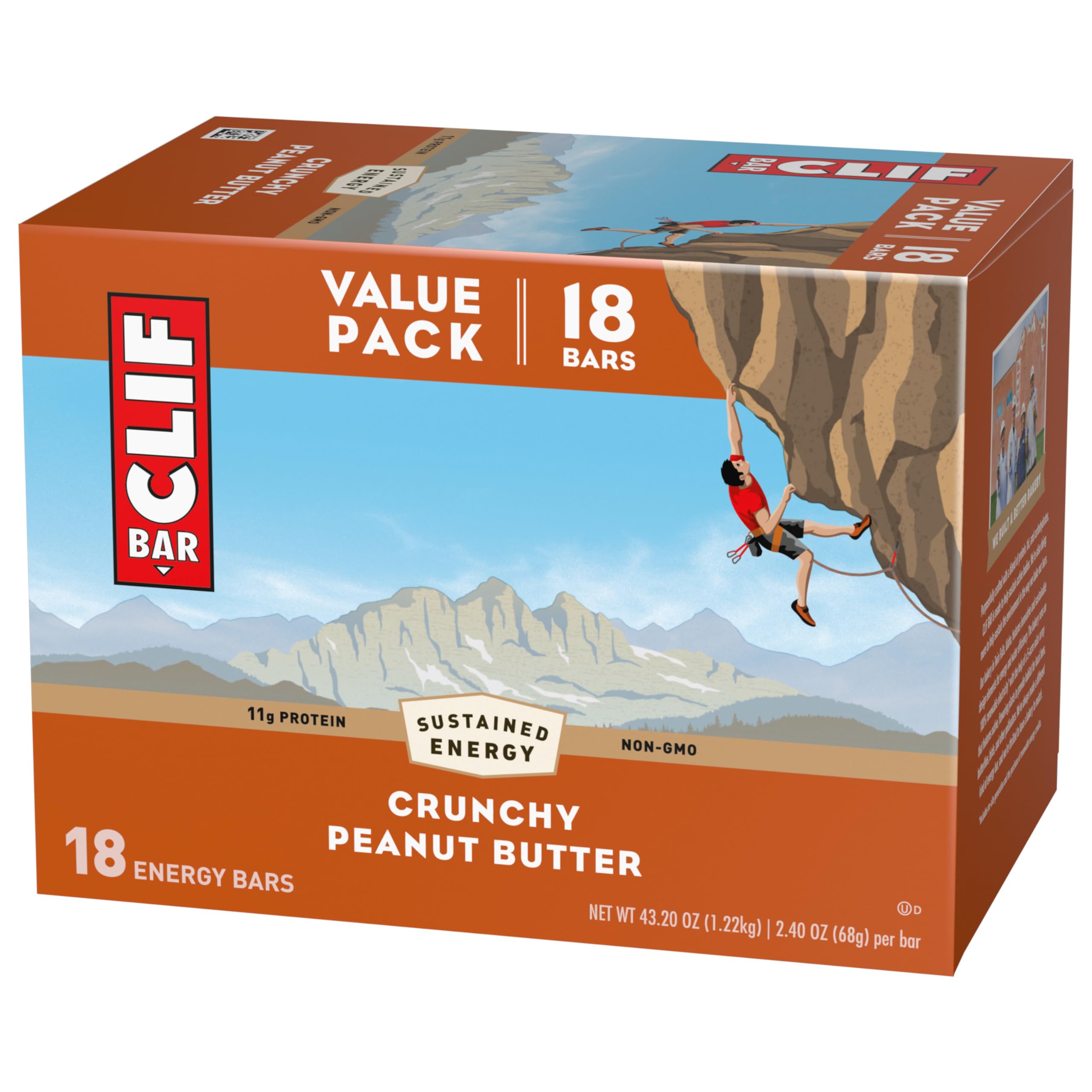 CLIF BAR - Crunchy Peanut Butter - Made with Organic Oats - 11g Protein - Non-GMO - Plant Based - Energy Bars - 2.4 oz. (18 Pack)