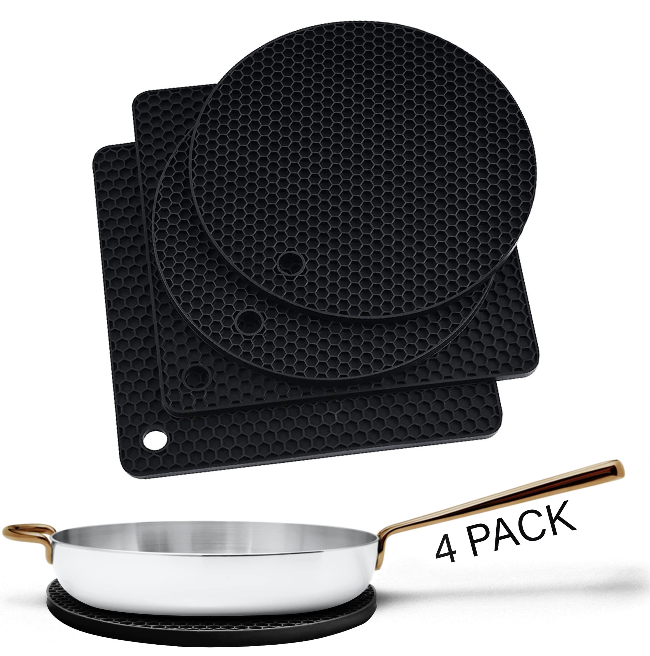 Linda's Essentials Silicone Trivets for Hot Pans and Pots (2 Pack) -Multipurpose Silicone Heat Resistant Mat and Pot Holder Trivet -Heatproof Mats for Kitchen 2 Round 17.7cm + 2 Square 18.5cm-Black