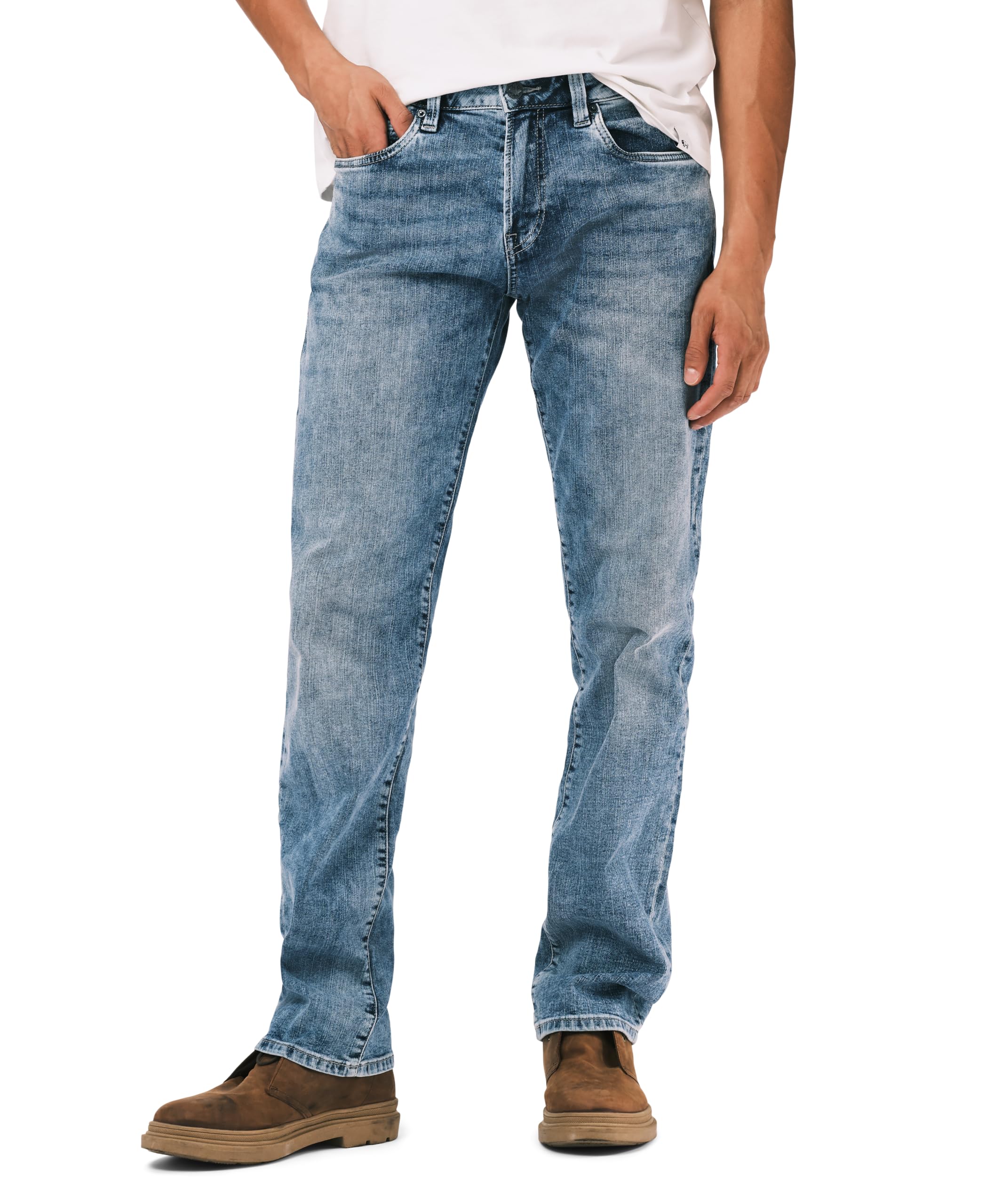 Buffalo David Bitton Men’s Straight-Leg Six Jeans, 33×32, Whiskered and Contrasted Indigo
