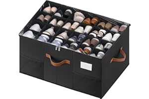 MSTONAL Shoe Organizer for Closet, 1 Pack Shoe Storage Container with Adjustable Dividers, Space Saving Shoe Box Storage Organizer Bin with Clear Lid and 4 Handles, Fits 12-24 Pairs, Black