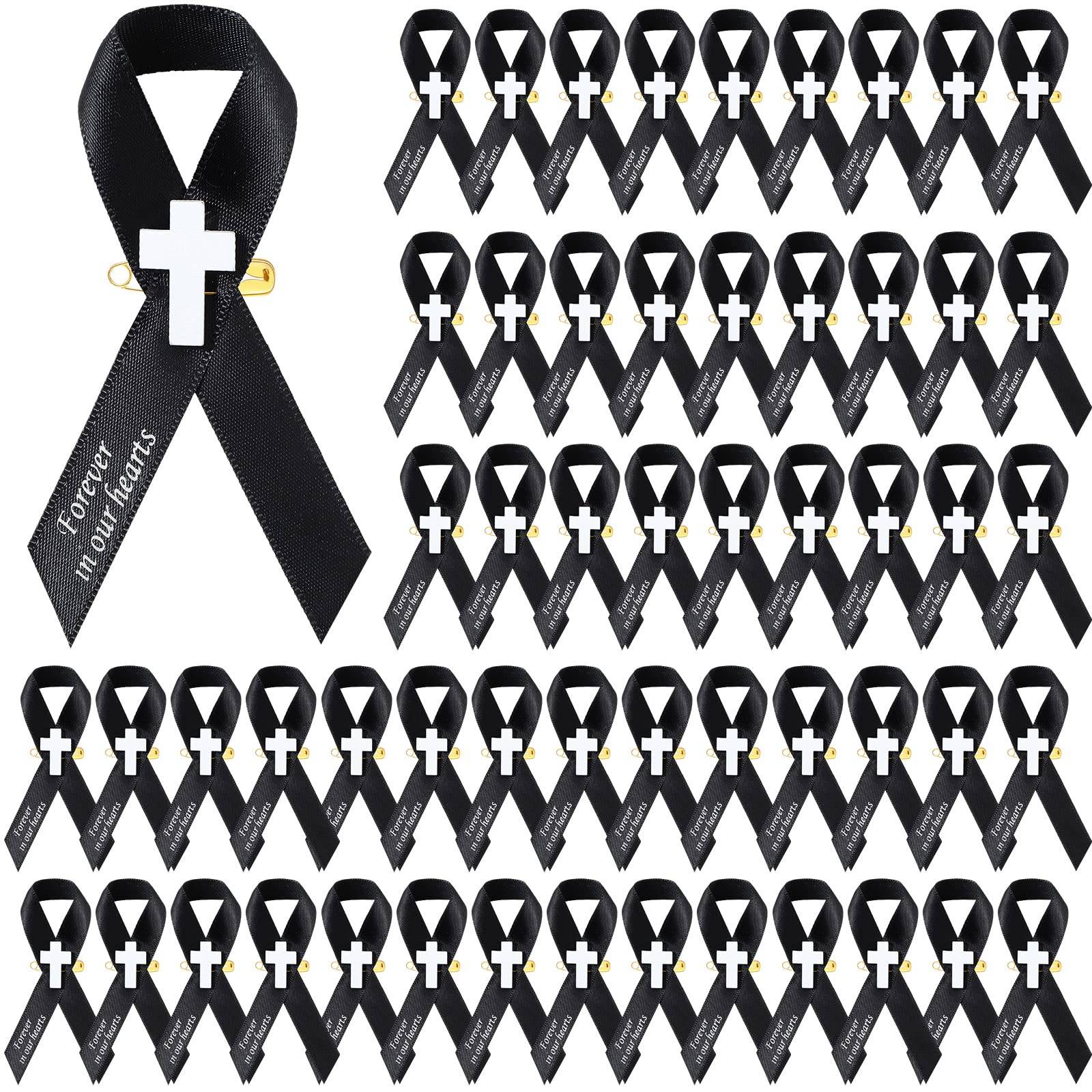 Photo 1 of 50 Pcs Memorial Funeral Ribbon with Cross Pins Respect Ribbon Bow Forever in Our Heart for Funeral Party Armband Mourning Event Remembrance Supplies(Black)
