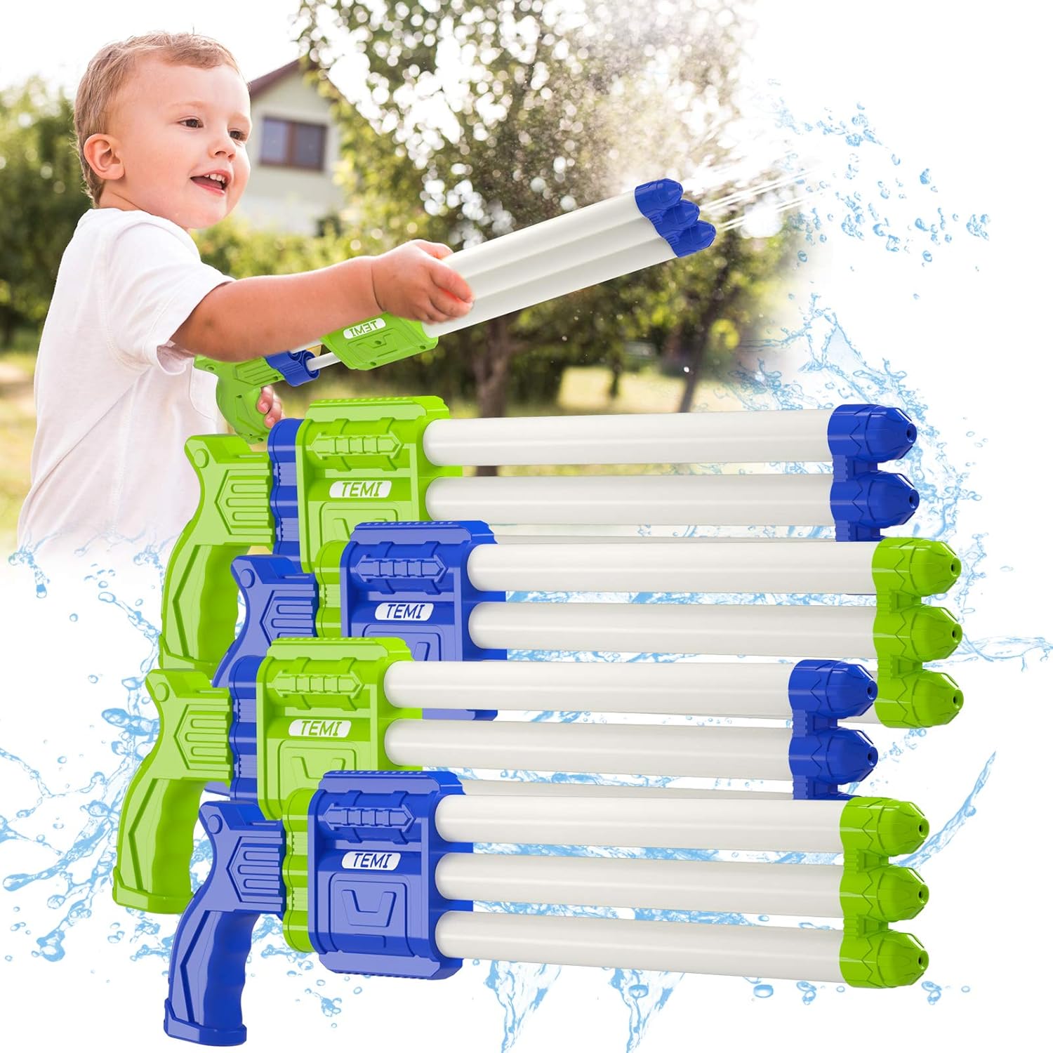 TEMI Super Water-Blaster Squirt Water-Guns - 4 Pack Water Soaker Blaster w/ 3 Nozzles Shooting, Water Pistol for Outdoor Activities, Swimming Pool Toys for Kids Boys & Adults: Toys & Games