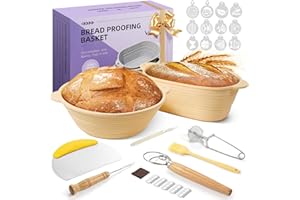 Gardon Sourdough Starter Kit Bread Baking Supplies, 2 Silicone Bread Proofing Baskets with Scrapper and 19 Other Bread Making Tool, Gift for Mother, Wife, and Any Baker - Brown (10" Oval + 9" Round)