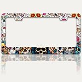 Sugar Skull License Plate Frame Skeleton Flowers License Plate Holders Funny Stainless Steel Auto Accessory Bracket 2 Hole with Screws Universal Us Car License Plate Frames 6x12 Inch for Women Men