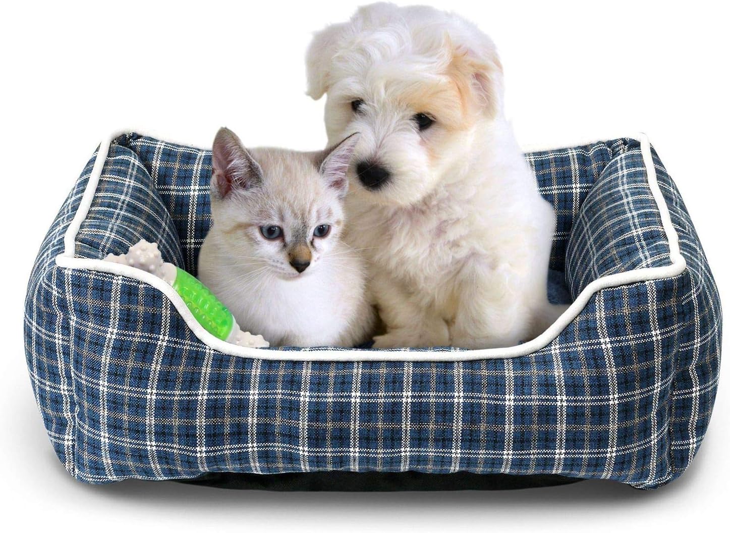 Fluffy Paws Pet Bed Crate Pad Premium Bedding w/Inner Cushion for Dog/Cat [Classic Series], Deep Blue Plaid Bed - 22"x17"x6"