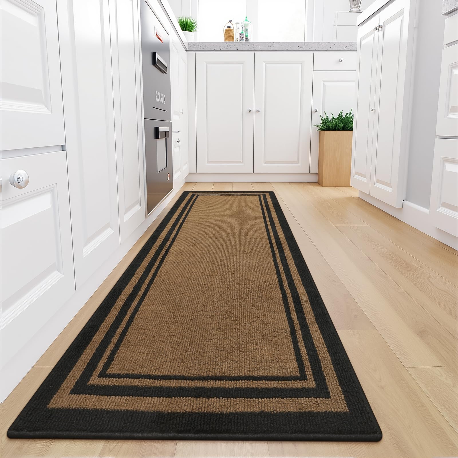 Photo 1 of KIMODE Kitchen Runner Rug Non Slip Washable, 30"x71" Farmhouse Kitchen Rug, Cushioned Kitchen Floor Mat, Absorbent Kitchen Mat for Floor Carpets Sink Entryway Hallway Laundry Room Brown/Black