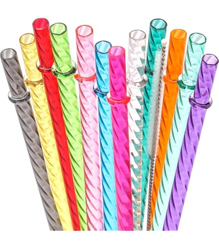 12 Pack Reusable Plastic Straws With Brush - 9 Inch Colorful Drinking Straws