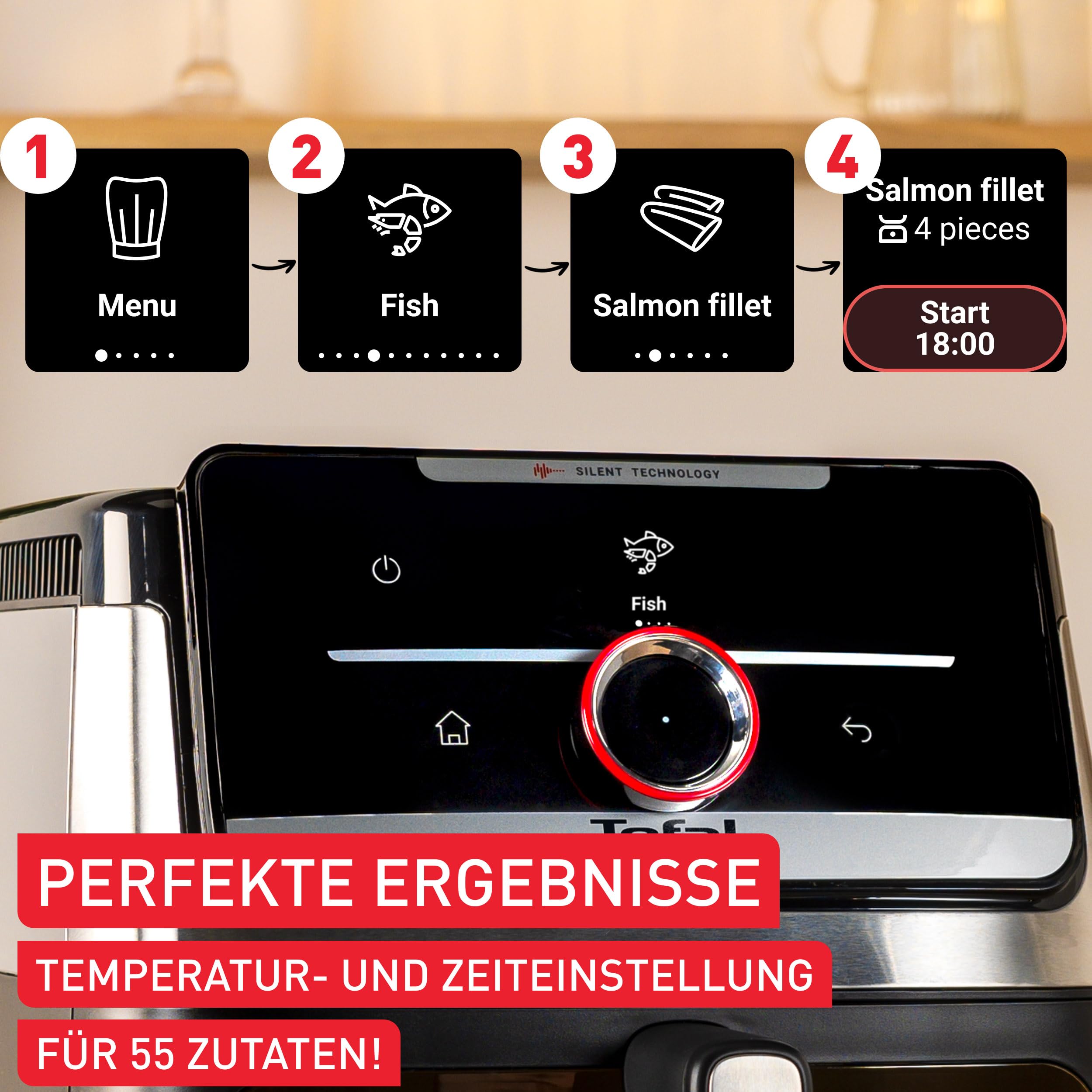 Tefal Easy Fry Silence Heißluftfritteuse, 7 L Fassungsvermögen, Silent-Technologie, Smart Assist System, bis zu 8 Portionen, abnehmbare Front mit Sichtfenster, Schwarz, EY876DE0 4