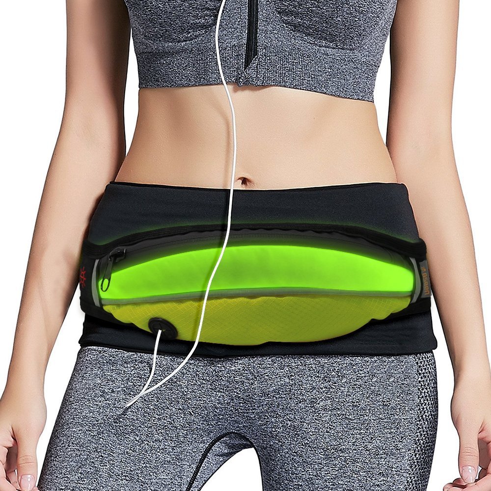 BSeen (TM) Waist Bag with LED Lights- USB Rechargeable Fanny Pack Neon with Earphone Hole, Adjustable for Runner, Women and Men-Holds iPhone 6/6s & Similar Smartphones (Green/Green)