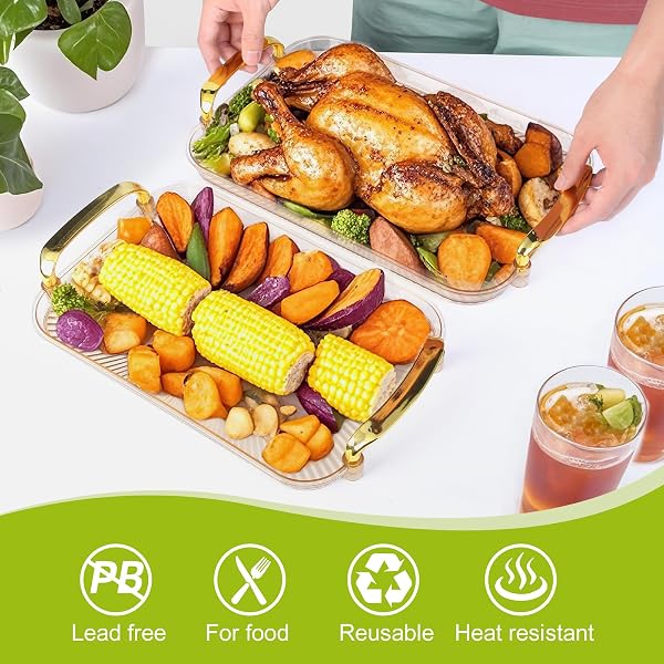 ZUFUDO 3 PACK SERVING TRAY WITH HANDLES, STACKABLE REUSABLE TRAYS FOR SERVING FOOD, PLASTIC SERVING PLATTERS FOR PARTY, CHARCUTERIE, FRUIT, APPETIZER, AMBER GOLD