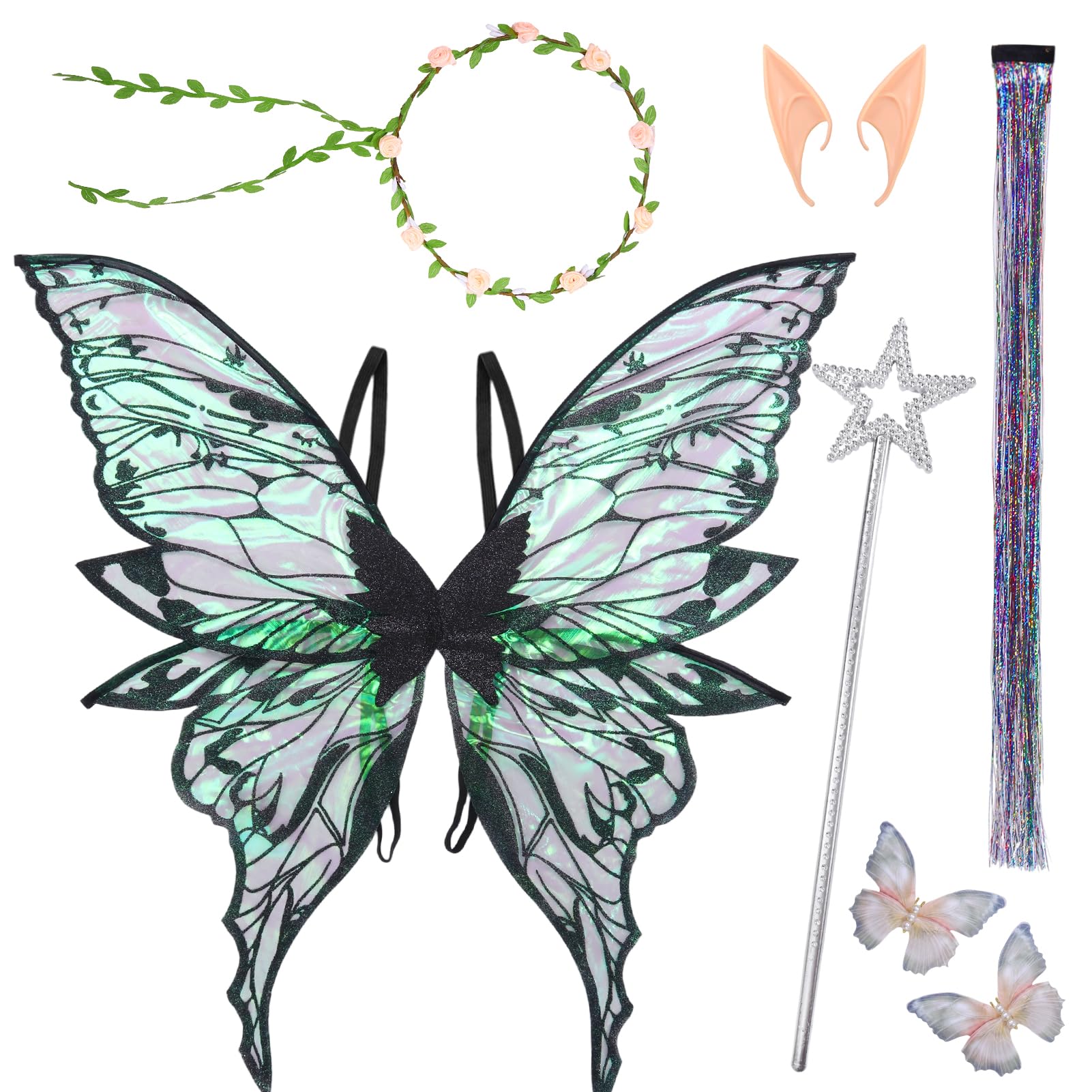 Moerstar Adult Fairy Wings, Sparkling Sheer Butterfly Wings Kids Set with Fairy Wings Wand Wreath Elf Ears Hair Piece Butterfly Hairpin, Halloween Costume Angel Wings (Style 1) Black