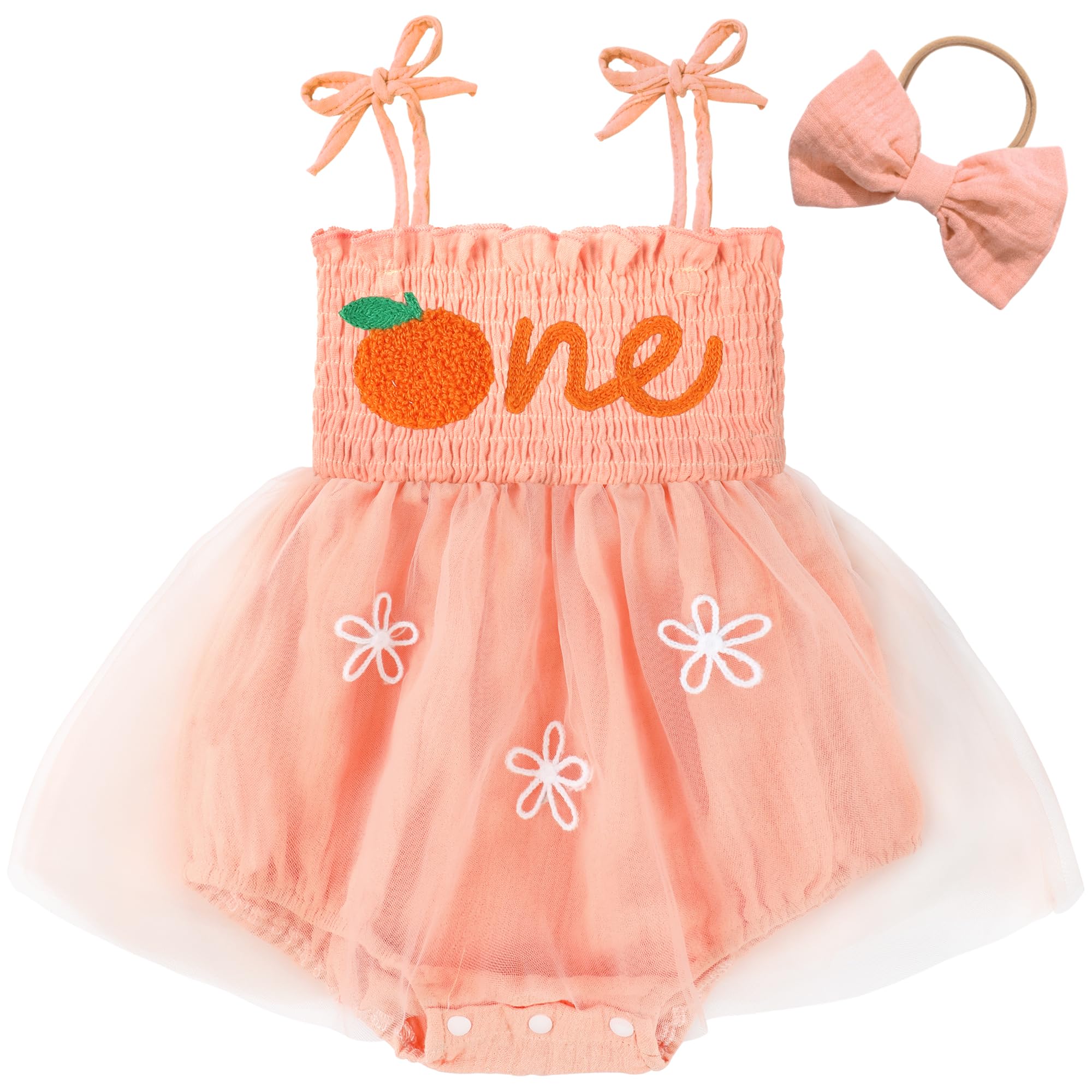 Photo 1 of HONGTEYA Baby Girl 1st Birthday Outfit Girl First Birthday Clothes One Year Old Gifts Lace Romper Tulle Summer Newborn Dress Orange
