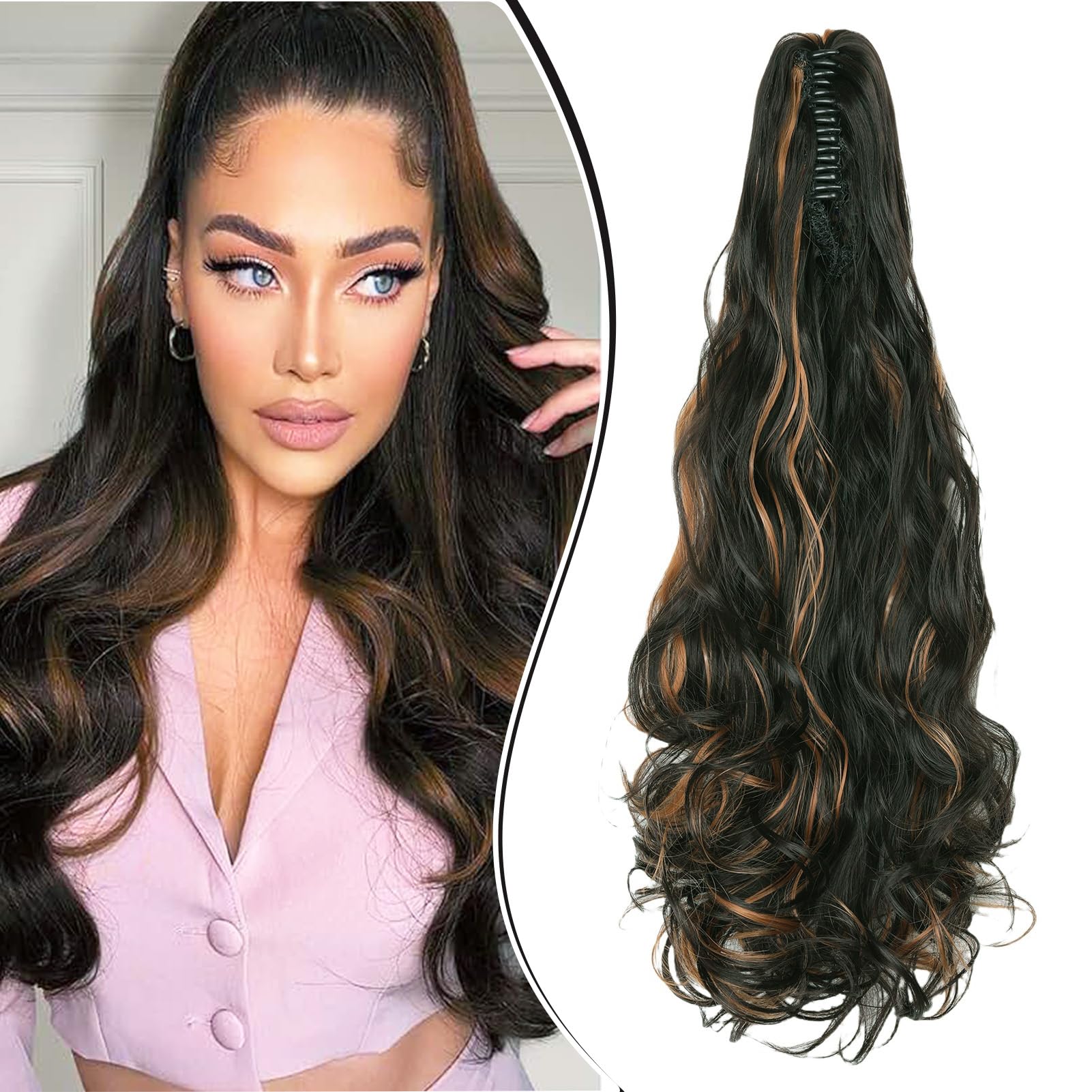 Dcbaboo Ponytail Extension Curly 18inch Claw Clip in Ponytail Hair Extensions Long Wavy Synthetic Pony tails Natural Wave One Piece Hairpiece Fake Ponytail for Women, Dark Brown & Auburn — image 1