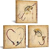 KREATIVE ARTS Rustic Fish Wall Art - Set of 3 Vintage Fishing Prints, Bait & Hook Canvas Décor for Beach or Lake House, Farmhouse, Man Cave, Office, or Living Room 12x12” Panels