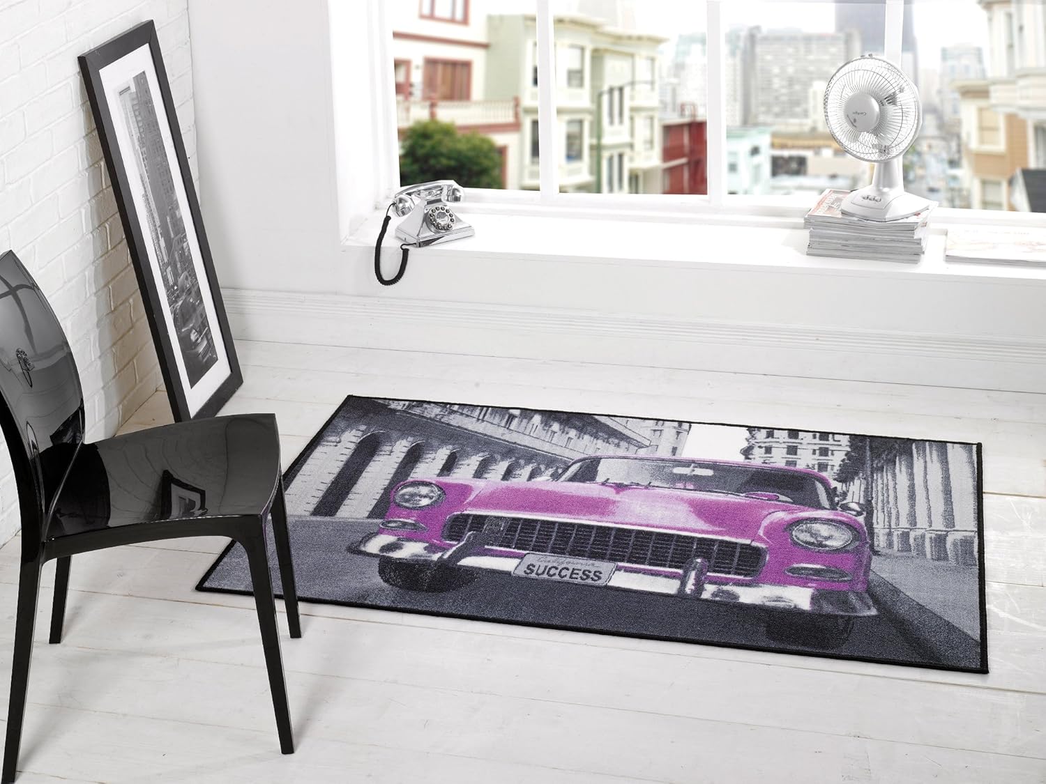 Large Modern Classic Car Design Pink Grey Rug in 3'3'' x 5