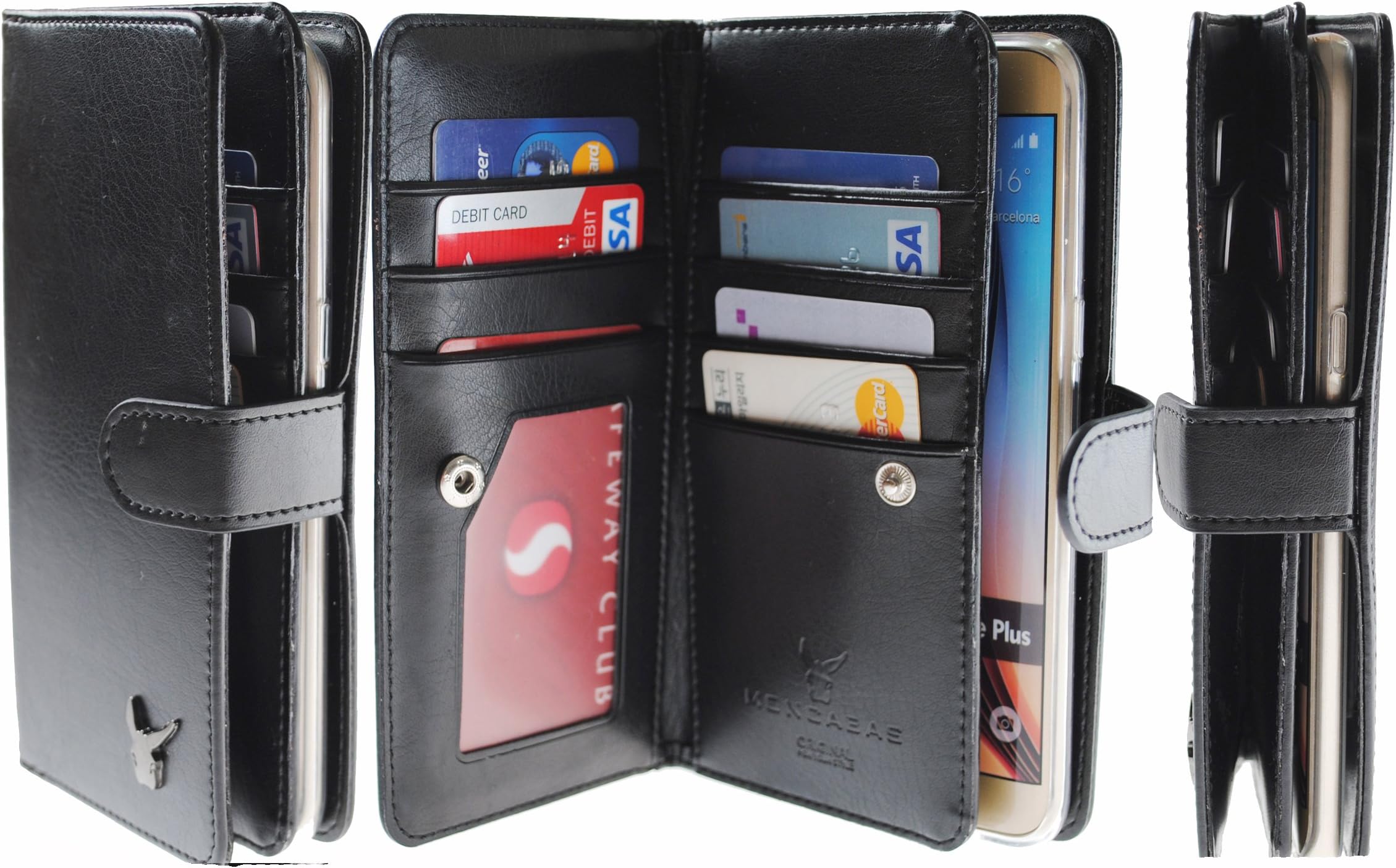 [Black] Luxury [Dual Wallet] [Wristlet] Cow Leather [7 Card Slot] [Standing] Book Wallet [Touch Slide Up Flip] Case Cover for Galaxy S6 Edge Plus
