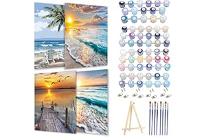 Pretyps Paint by Numbers Kit for Adults Framed Canvas, 4 Pack with Wooden Easel,Paint by Numbers for Kids Ages 8-12, Beach Sunset Sea DIY Acrylic Landscape Oil Painting Arts Crafts, 9.45x11.8inch