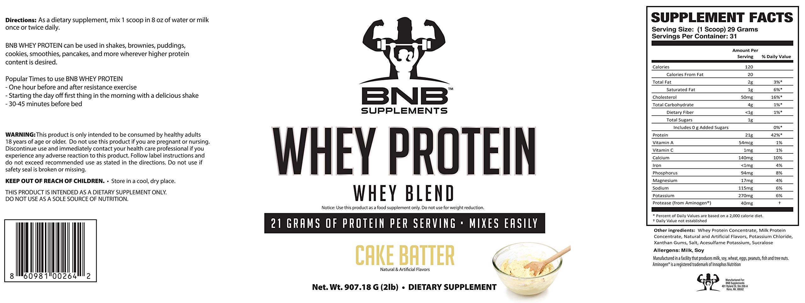 BNB 100% Whey Protein - Cake Batter Flavor - 21g of Protein per Serving - 2lb Tub - Mixes Easily - Delicious Protein Recovery Shake - by BNB Supplements