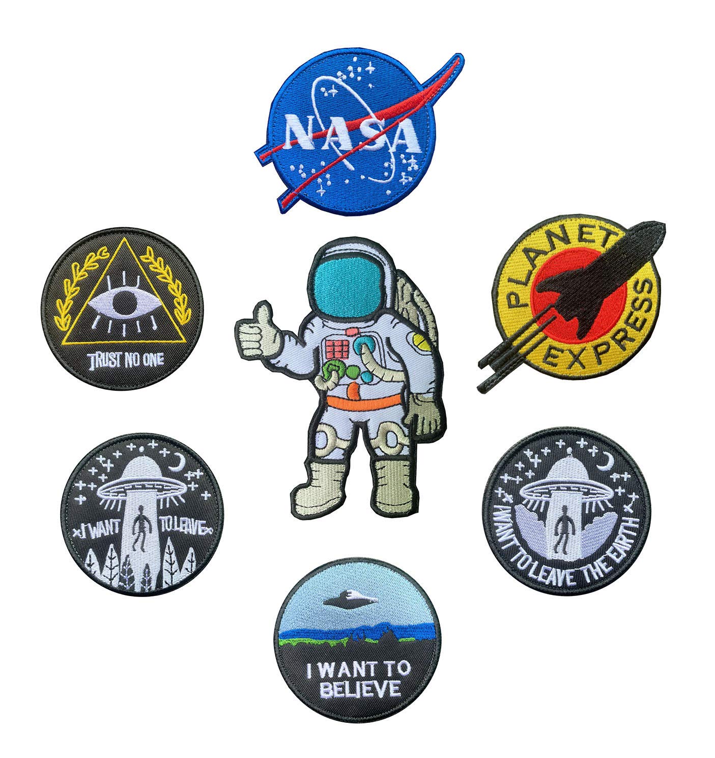 7 Pieces Space Theme Patch Set NASA/I Want to Leave The Earth/Trust No One/I Want to Believe/I Want to Leave/Planet Express/Astronaut Embroidered Applique Emblem Badge Patch