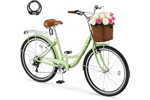 MOONCOOL Womens Bike 7 Speed, 24 26 inch Beach Cruiser Bikes for Women, Step Through Adult Bicycle with Front Basket for City Commuting