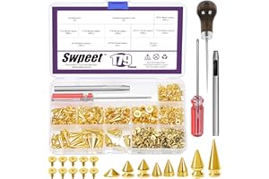 Swpeet 179 Sets 8 Sizes Gold Cone Spikes with Scratch Awl Screwdriver Punch Assortment Kit, Punk Spikes and Studs Metal Tree 