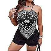 OYOANGLE Women's Plus Size Paisley Boho Halter Camisole Criss Cross Back Hanky Hem Cami Tops