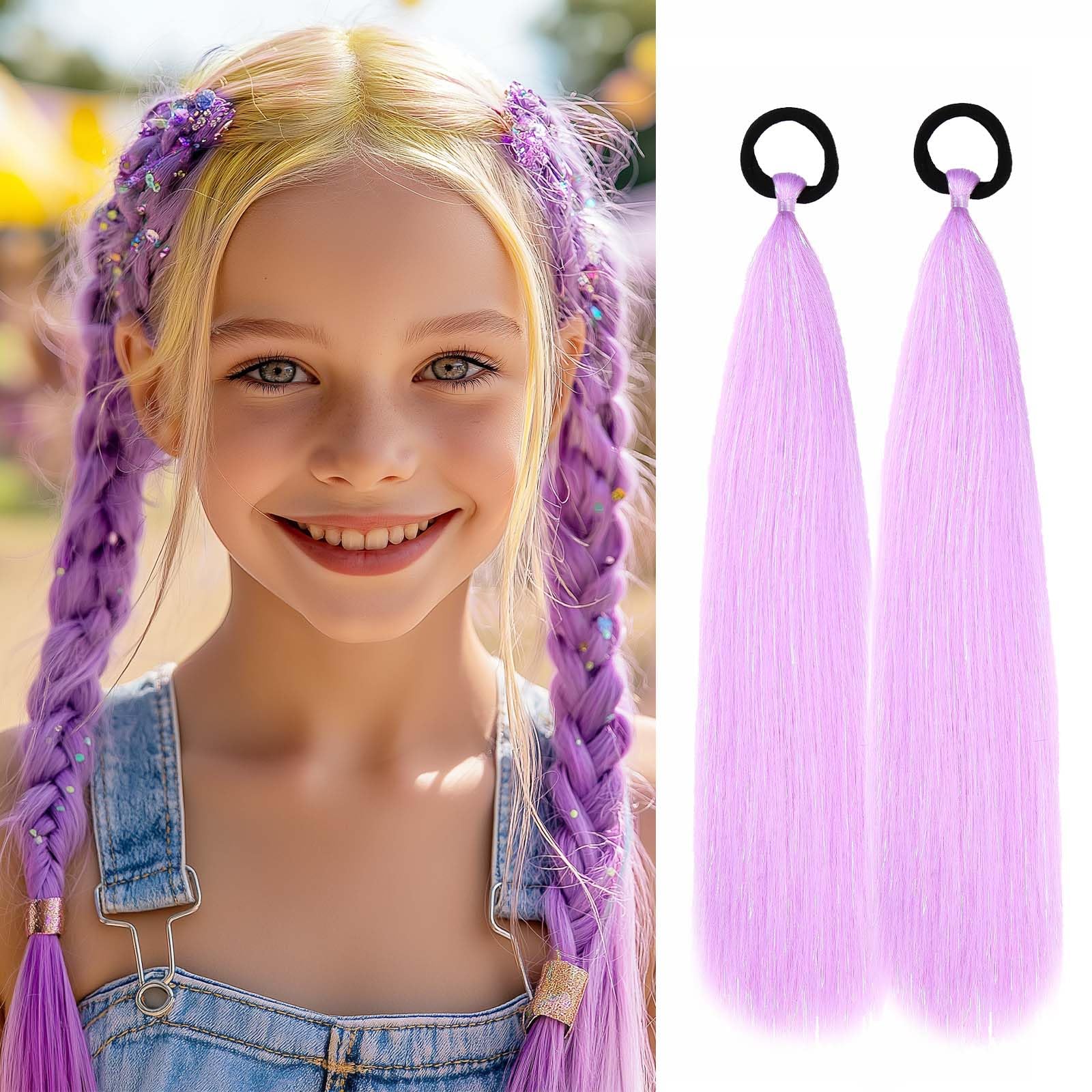 Rainbow Ponytail Extensions With Hair Tie 2 Packs 40g/Pack Coloured Hair Extensions for Braiding 18 inch Colorful Ombre Mermaid Pony Tail Synthetic Hair Extensions for Girl Women SSPurple — image 1