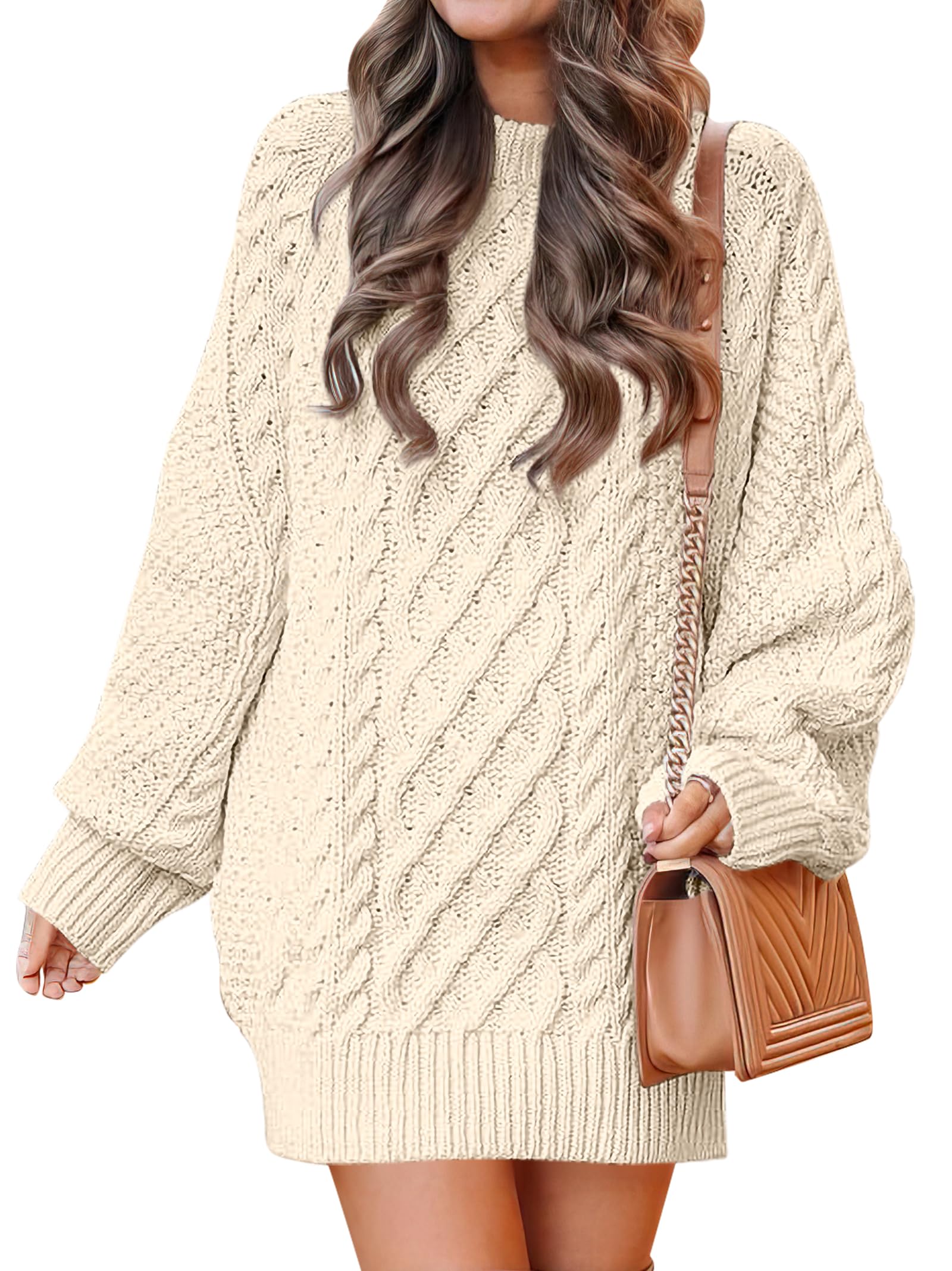 Photo 1 of ANRABESS Womens Sweater Dress Oversized Cable Knit Chunky Long Sleeve Short Dresses 2025 Fall Outfits Vacation Winter Clothes Beige Small
