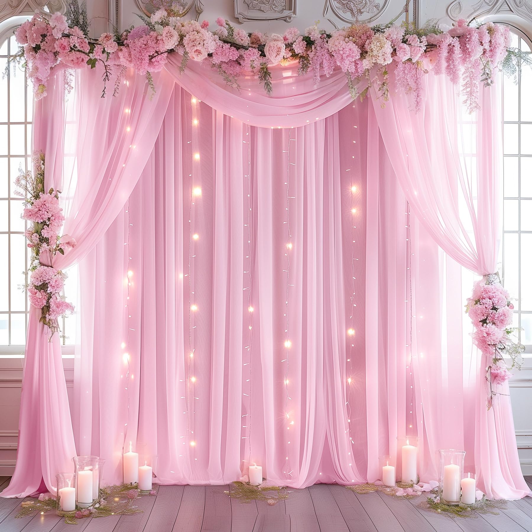 Photo 1 of 20ft x 10ft Pink Backdrop Curtain with Lights String for Parties, Sheer Tulle Wedding Photo Backdrops Drapes for Baby Shower Birthday Party Decorations Background for Photography