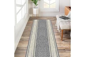 Kapaqua Custom Size Grey Ivory Bordered Rubber Backed Non-Slip Hallway Stair Runner Rug Carpet 22 inch Wide Choose Your Length 22in X 10ft