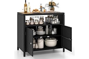 HAPPYGRILL Rattan Storage Cabinet, Patio Sideboard Buffet Cabinet with Acacia Wood Countertop, Open Shelf & 2 Door Cabinet, W