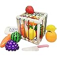 TwKueor Baby Shape Sorting Cube with Kitchen Cutting Fruit Toys, Sensory Bin with Colorful Elastic Rope for Toddlers, Babies and Kids Early Educational Montessori Learning Developmental STEM Toys