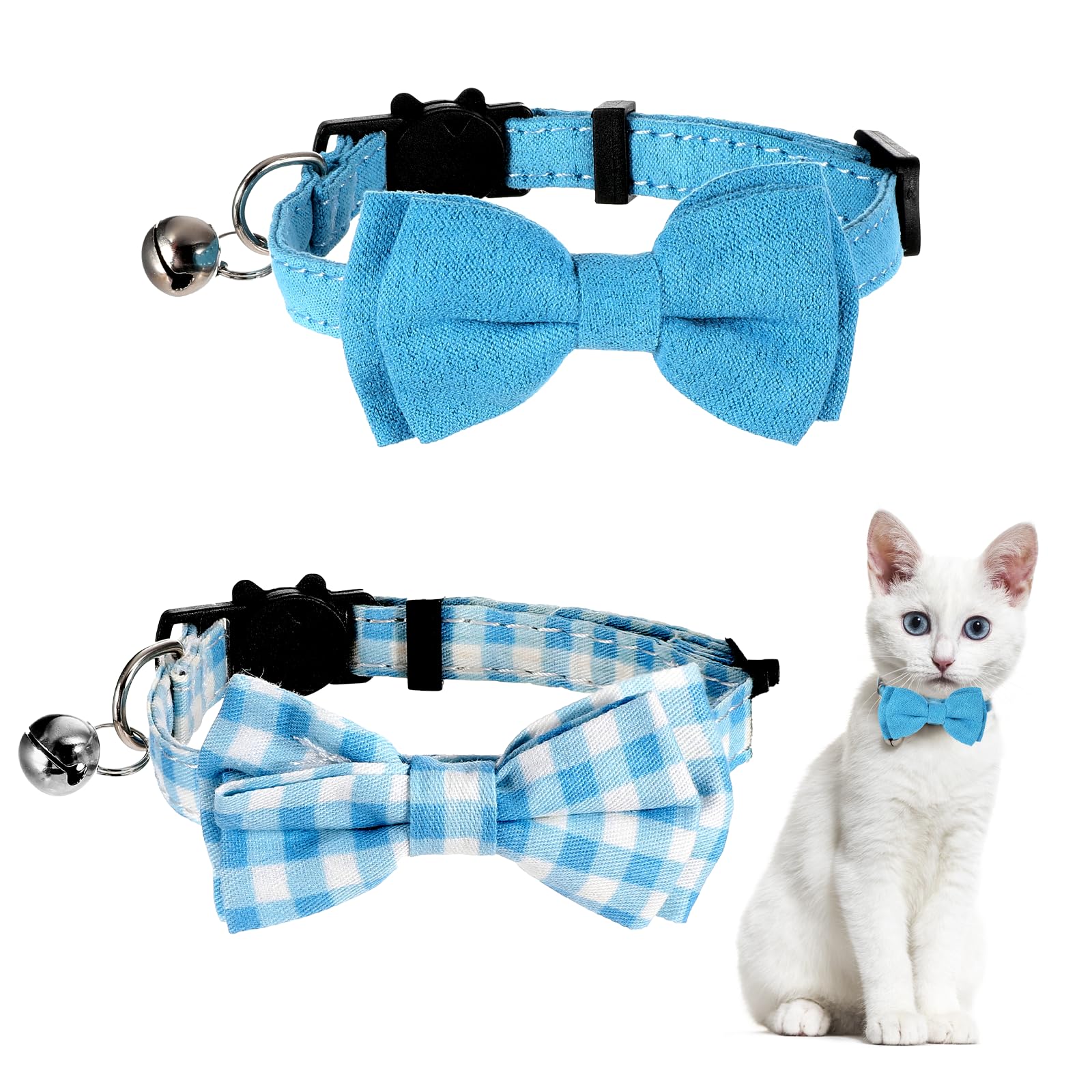 Photo 1 of 2 Pcs Boy Cat Collar with Bell Breakaway Cat Collars Cute Kitten Bow Tie Collar Adjustable Small Puppy Safety Collar Solid Color Plaid Pet Collar (Blue)